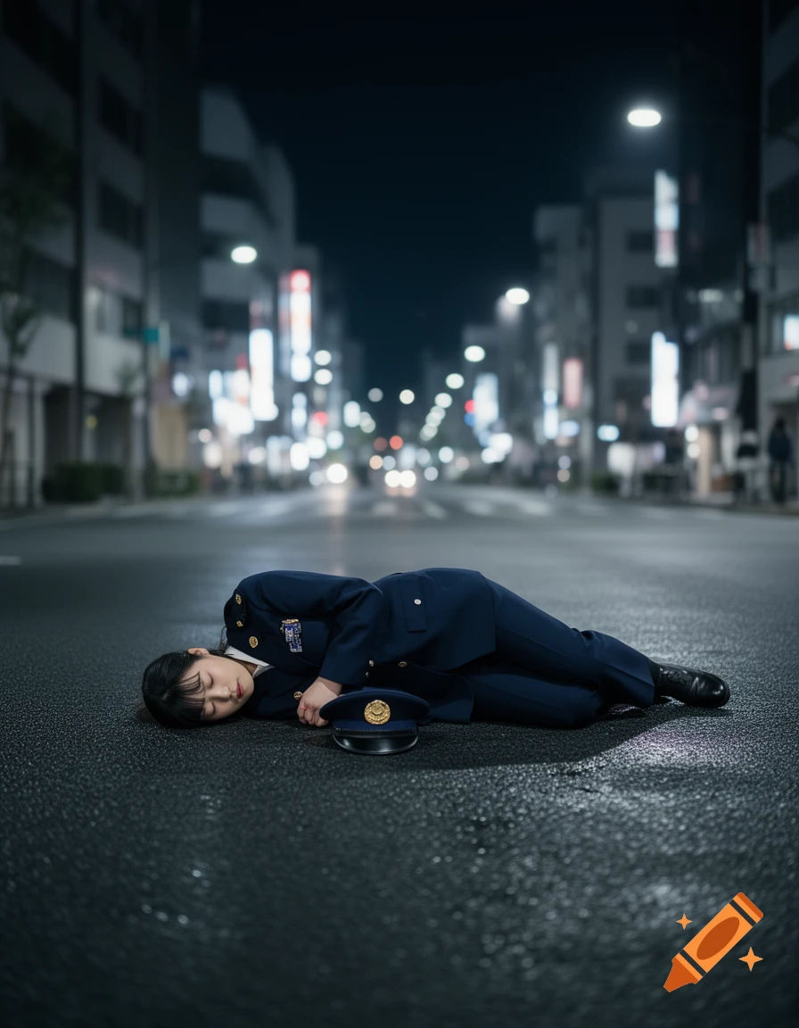 A female Japanese police officer in uniform lies on a wet city street at night, with a police cap beside her and blurry city lights in the background.