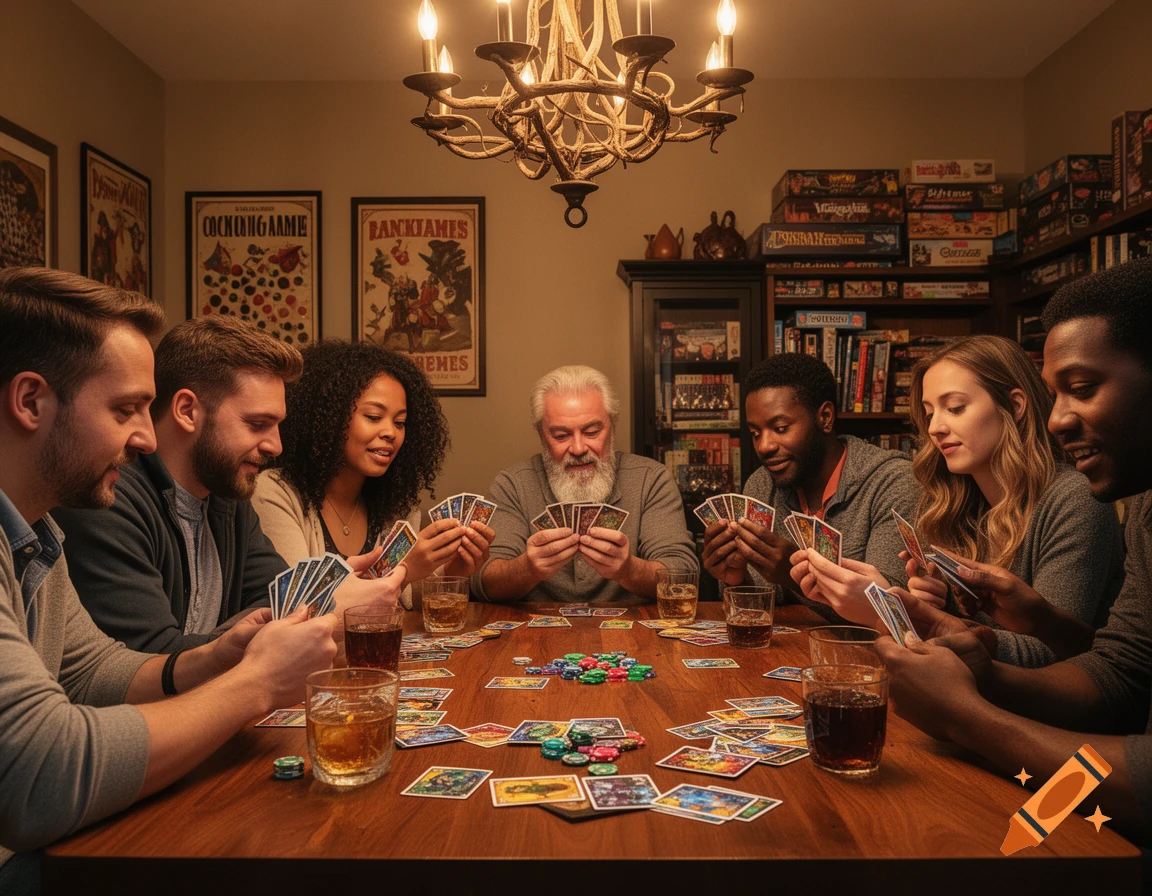 A diverse group of six friends gathered around a wooden table, enthusiastically playing a card game with drinks, under a warm chandelier light.