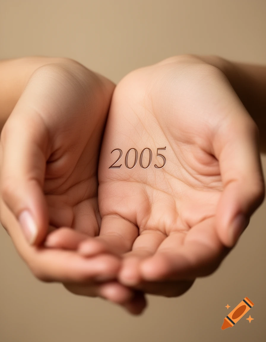 A close-up, photorealistic image of two cupped hands with the number "2005" lightly embossed on the palms.