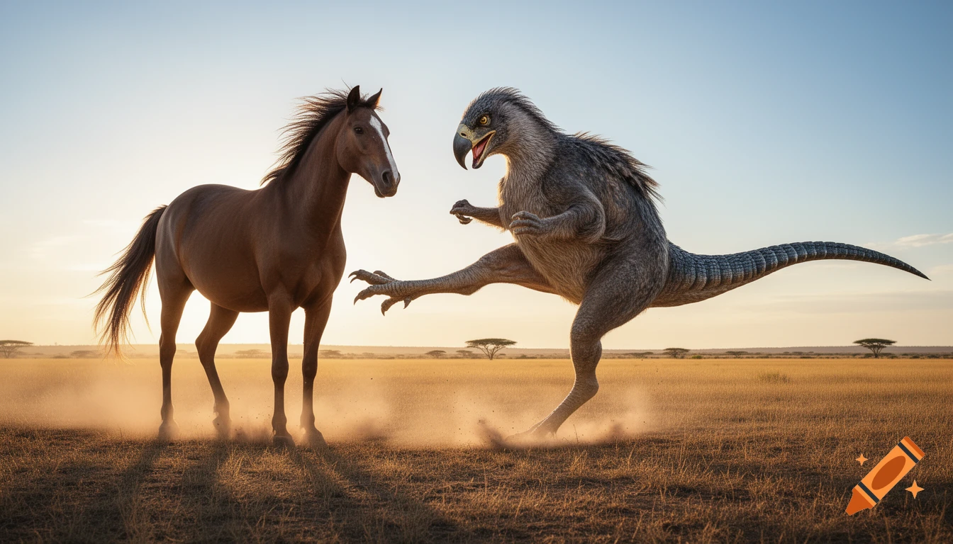 A massive, bipedal, bird-like dinosaur with a long tail performs a powerful kick next to a brown horse on an African savanna at sunset. Dust flies around them in this hyper-realistic image.