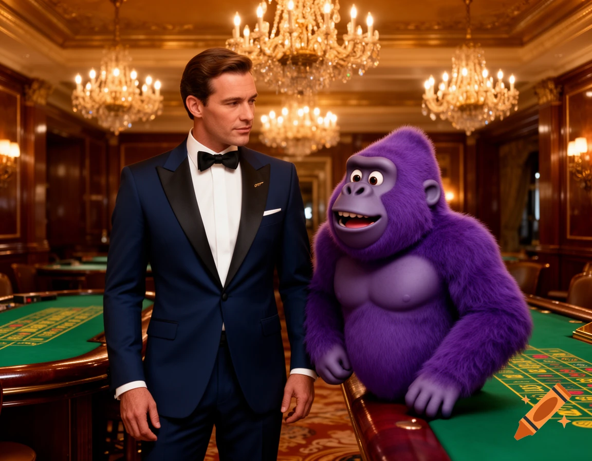 A man in a tuxedo stands next to a smiling, purple, cartoon-style gorilla at a green casino table in a luxurious room with chandeliers.