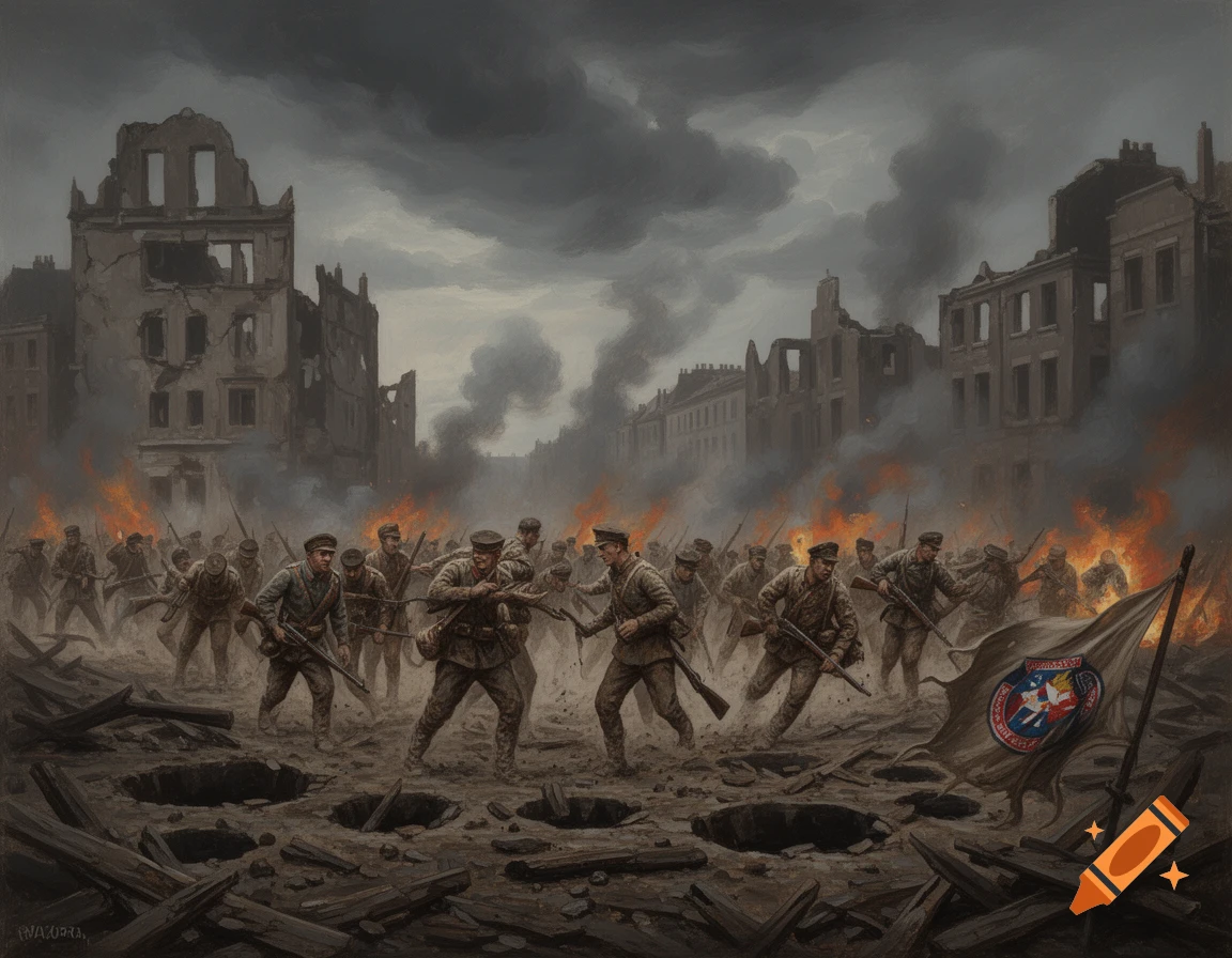 A painting depicts soldiers advancing through the rubble and fire of a war-torn city under a smoky sky.