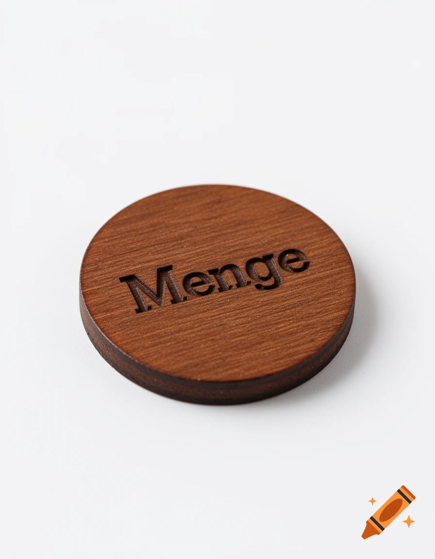 A round, light brown wooden coaster with 'Menge' engraved on its surface, set on a white background.