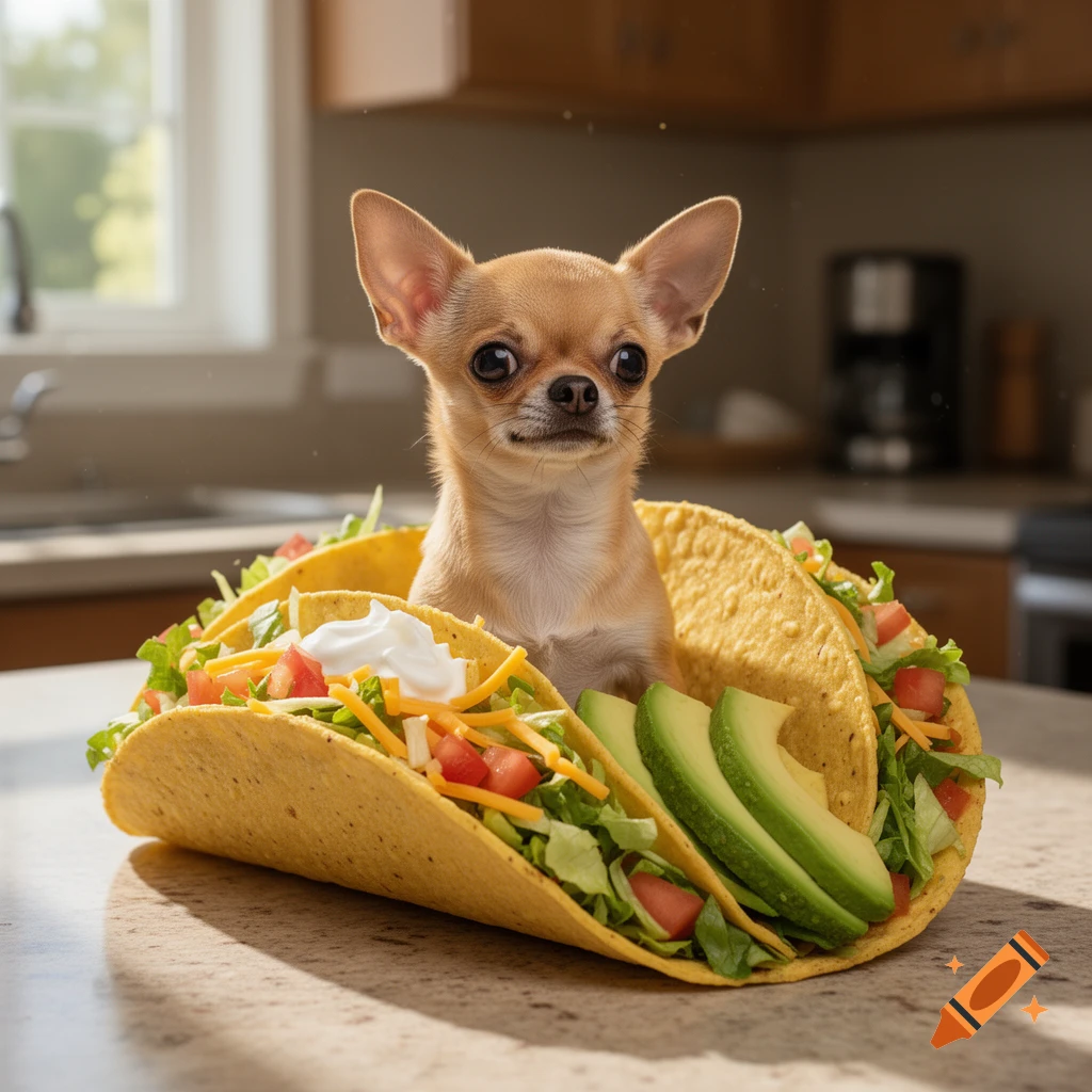 A cute chihuahua dog sitting inside a hard-shell taco filled with lettuce, cheese, tomatoes, sour cream, and avocado, on a kitchen counter.