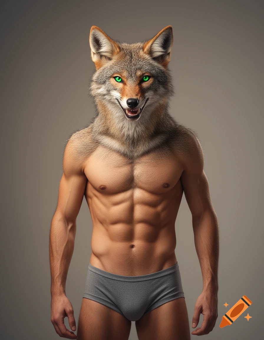 A muscular, lean anthropomorphic coyote with glowing green eyes and a human torso, wearing gray briefs, standing against a plain background.