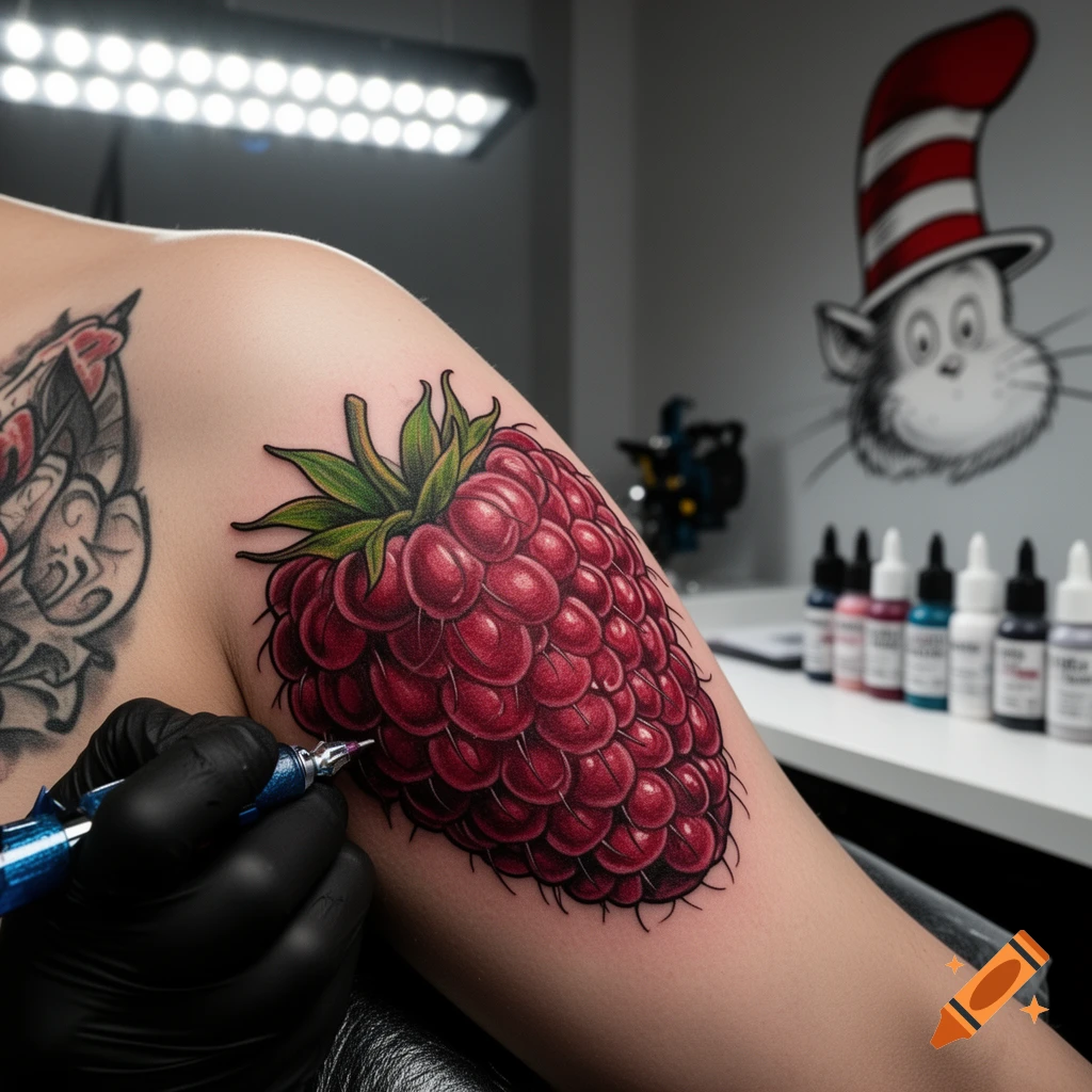 A tattoo artist in black gloves working on a large, vibrant red raspberry tattoo on a person's upper arm, with a Cat in the Hat drawing on the wall in the background.