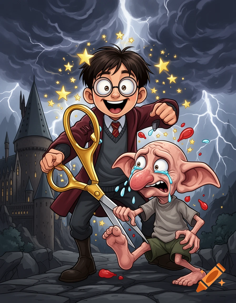A gleeful cartoon Harry Potter holds giant scissors, appearing to snip the crying Dobby the House-Elf's toes, with blood drops, against a stormy Hogwarts backdrop.