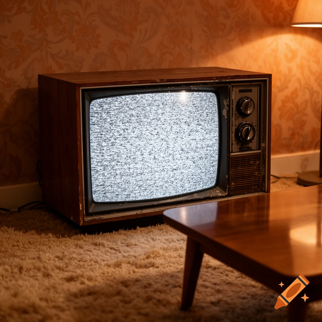 A vintage television displaying static in a dimly lit, carpeted room with patterned wallpaper.