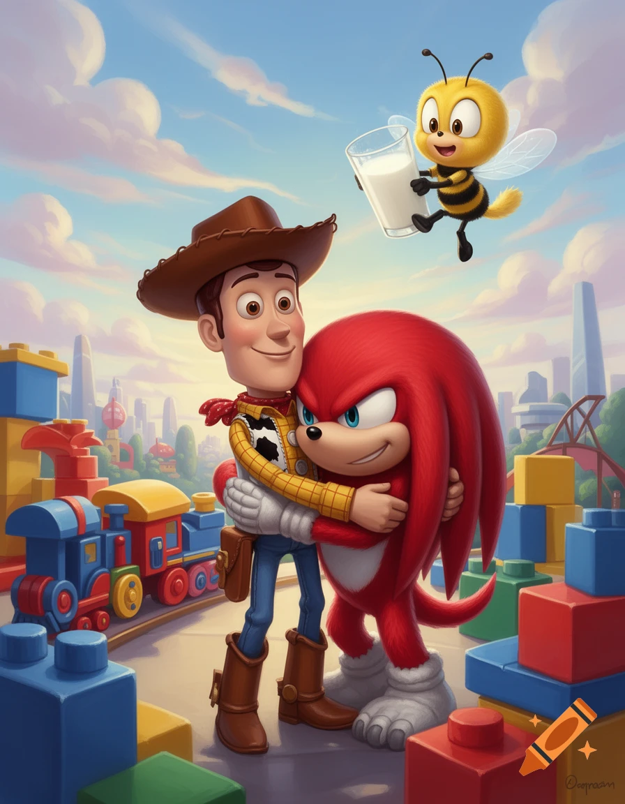 Woody from Toy Story hugs Knuckles the Echidna, while Charmy Bee flies overhead with a glass of milk in a colorful toy-block city scene.