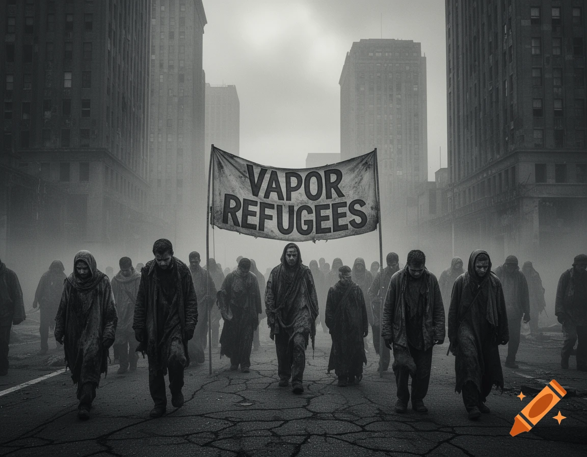 A large group of people, appearing as 'Vapor Refugees', march somberly through a foggy, desolate city street in black and white.