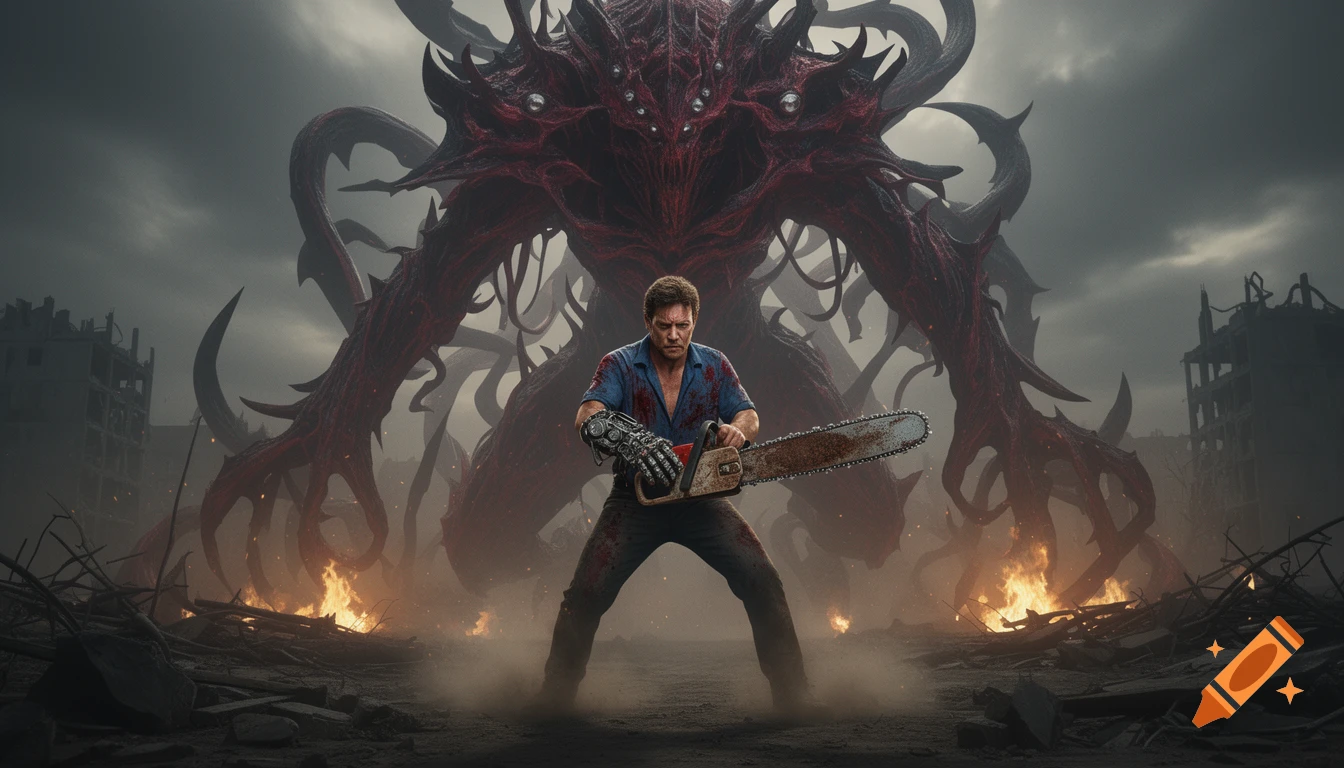 A man with a chainsaw and mechanical hand stands defiantly before a giant, multi-eyed, tentacled monster in a ruined, fiery city.