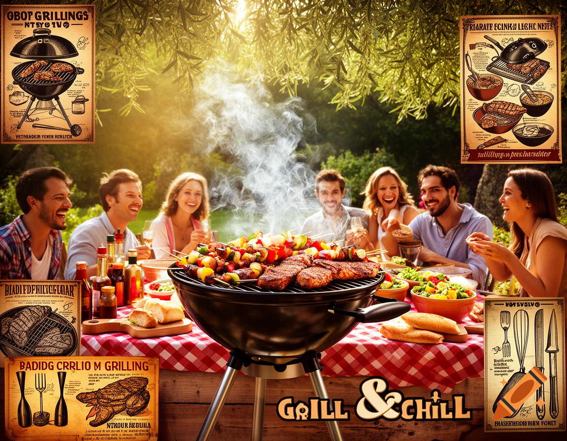 A lively outdoor barbecue scene with friends laughing around a table laden with grilled food, drinks, and posters, featuring "GRILL & CHILL" text.