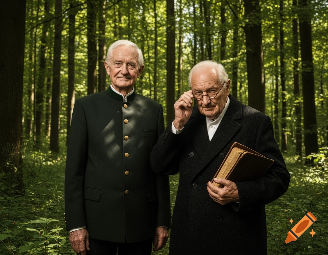 Two elderly men, one in a green traditional jacket, the other in a black coat holding a book, stand in a lush forest.