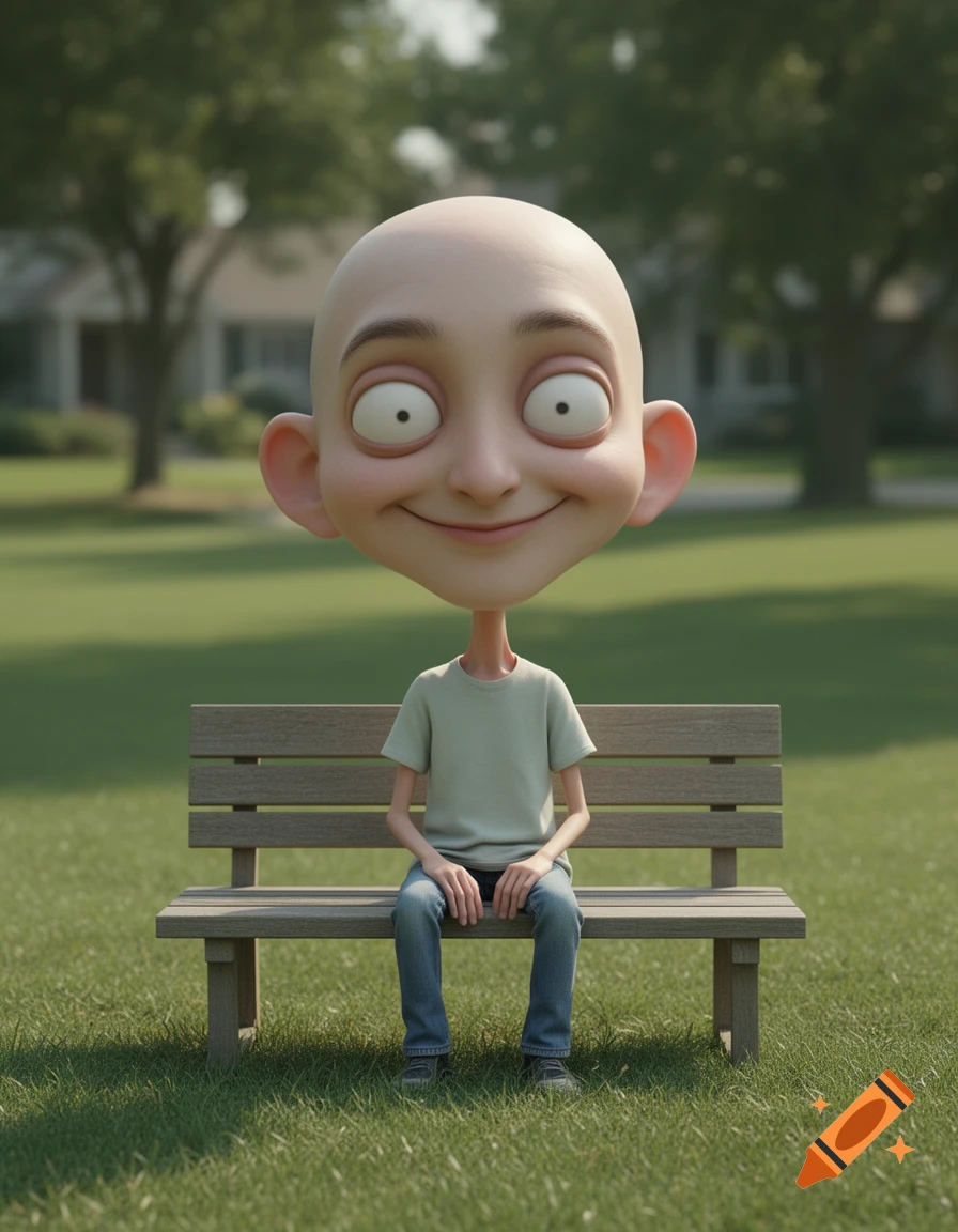 A cartoonish bald character with a large head and big eyes smiles while sitting on a park bench in a grassy area, rendered in 3D.