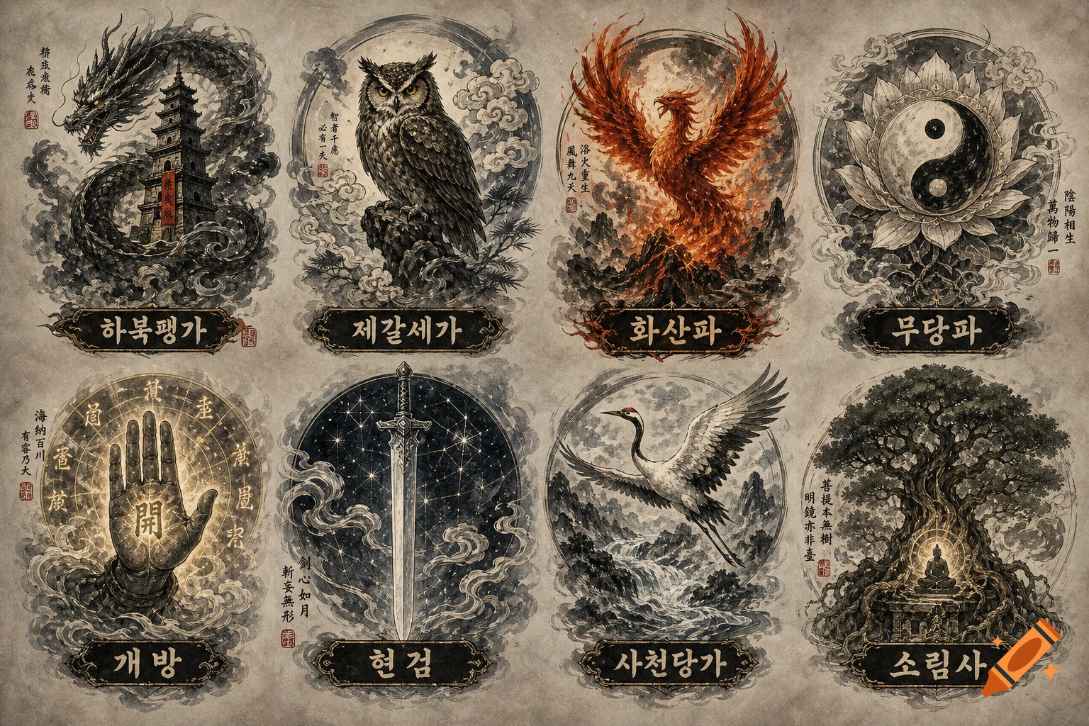 Eight distinct traditional ink wash style emblems arranged in a grid. Each emblem features a different symbolic element like a dragon, owl, phoenix, yin-yang, hand, sword, crane, and a Buddha under a tree, with Korean text below.