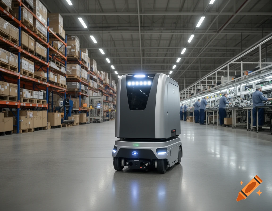 A silver and black autonomous mobile robot on a concrete floor in a large warehouse with shelves of boxes and workers.