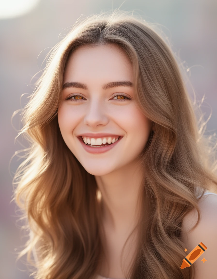 Photorealistic portrait of a smiling young woman with long light brown hair and honey eyes.