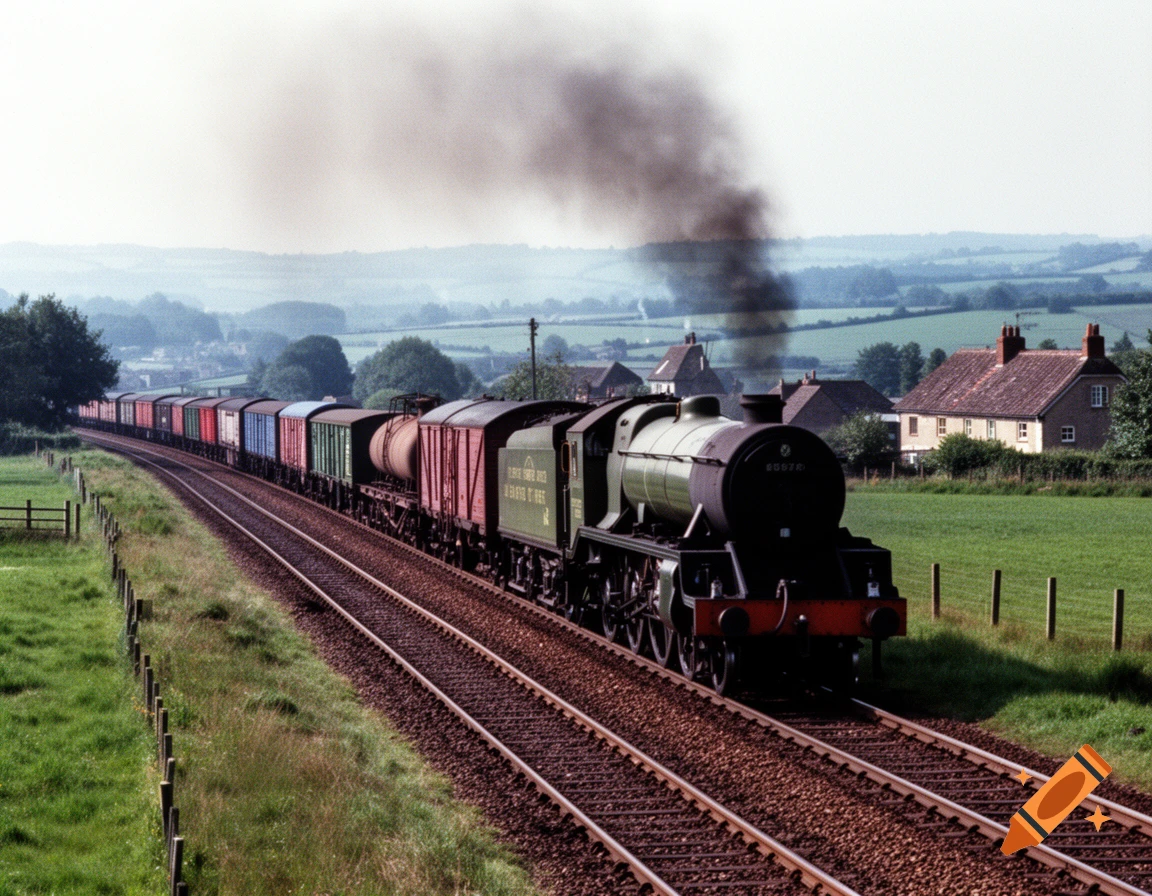 A dark green steam freight train with numerous cars travels on a double track through a green rural landscape with rolling hills and distant houses.