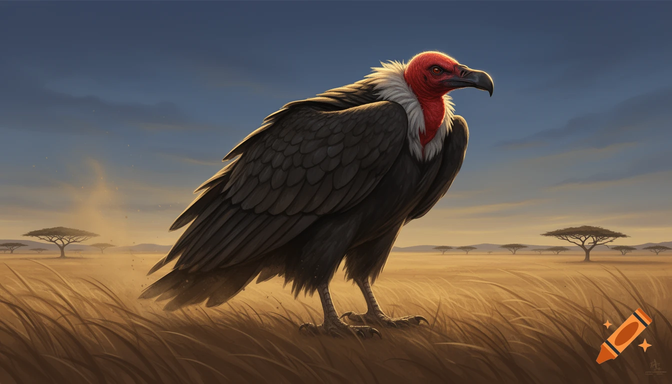 An illustrated red-headed vulture stands prominently in a golden savanna landscape with acacia trees under a blue sky.