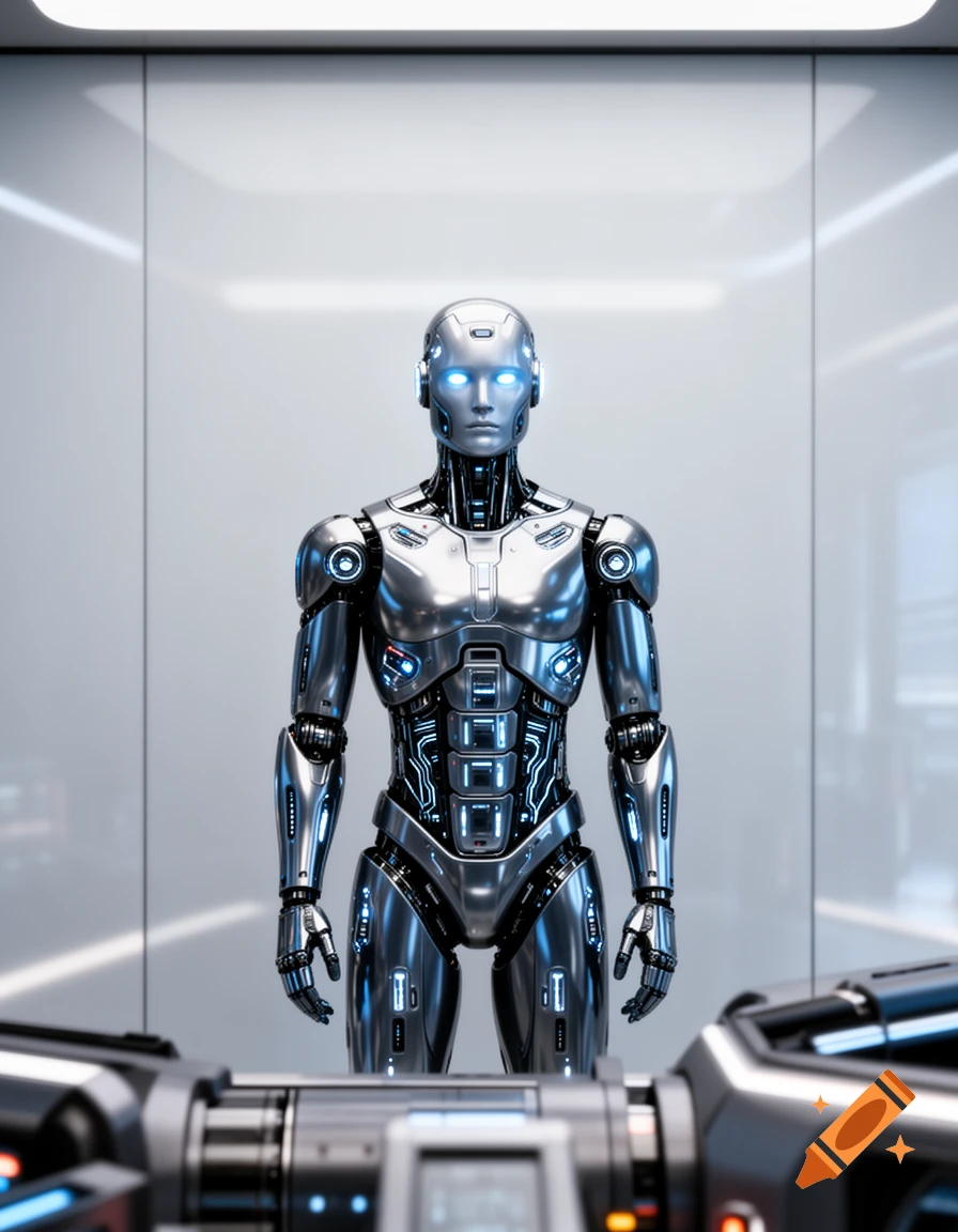 A photorealistic image of a shiny silver humanoid robot with glowing blue eyes and intricate circuits, standing in a sleek white futuristic room.
