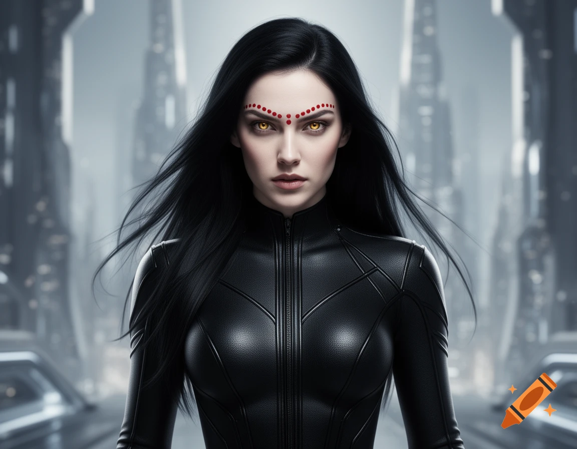 A photorealistic image of a female warrior with black hair, gold eyes, and red forehead dots, wearing a black skin-tight suit in a futuristic city.