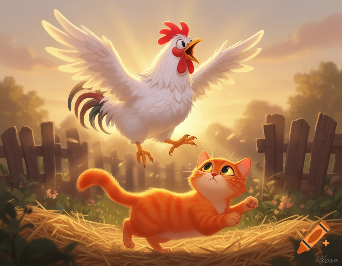 A cartoon orange cat looks up as a white rooster with wide wings flies over a farm setting at sunrise.