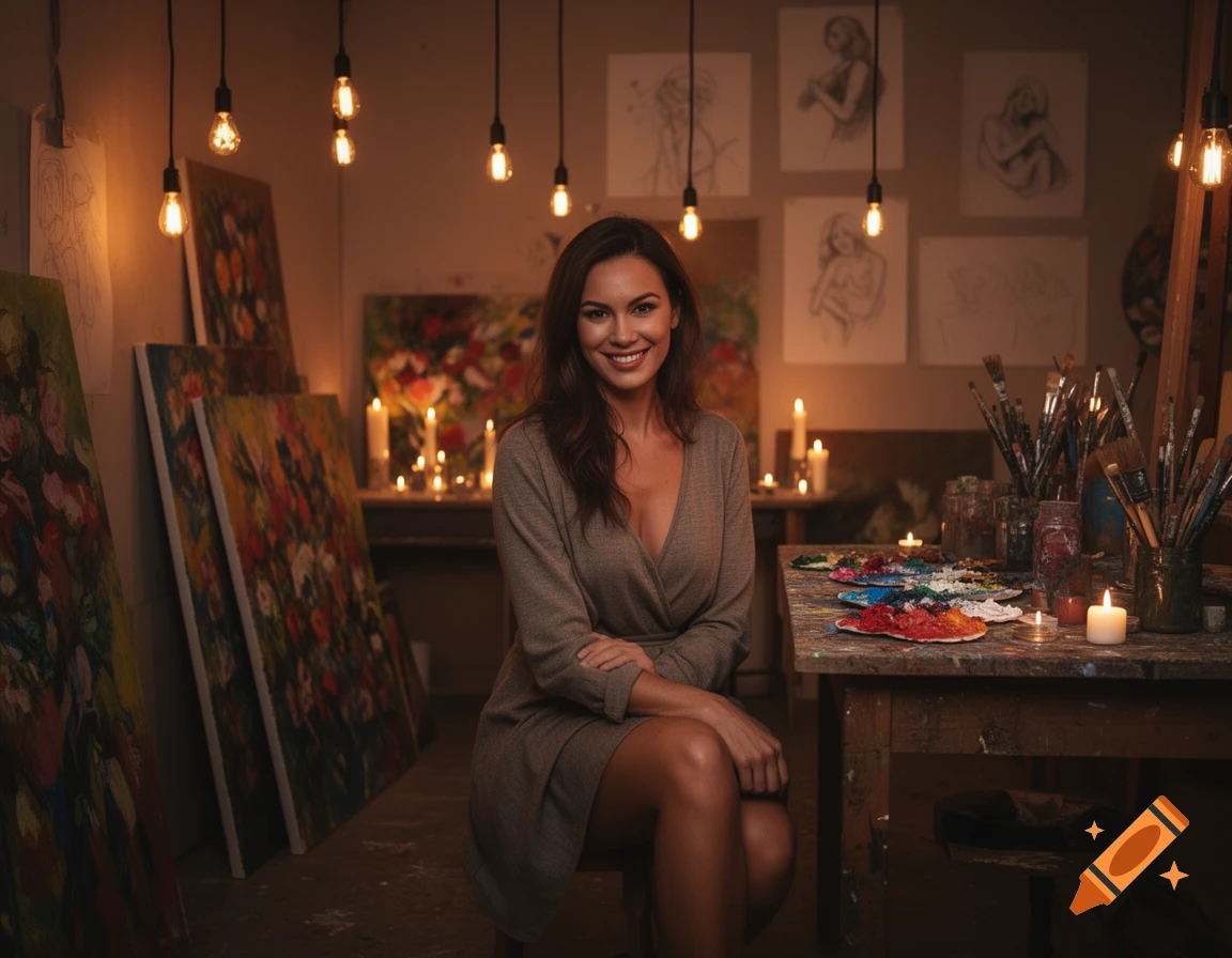 A smiling woman with dark hair sits in a dimly lit art studio, surrounded by paintings, brushes, and candles.