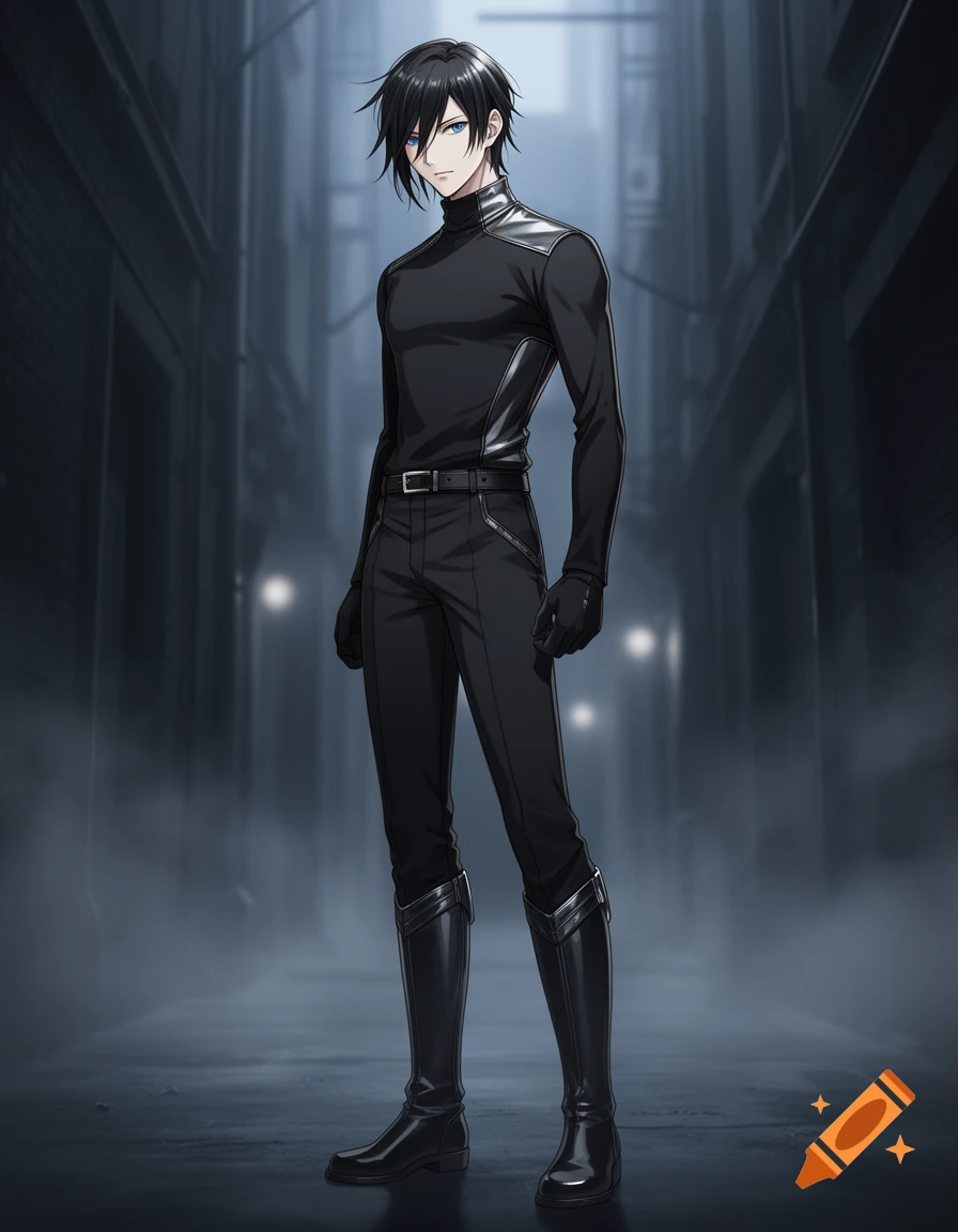 Anime-style male with black hair and blue eyes, wearing a black tactical suit and boots, standing in a dark, narrow urban alley.