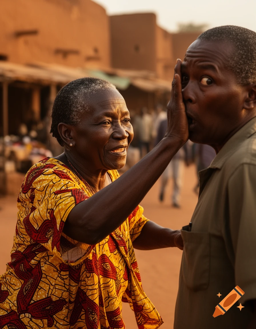 An older African woman in a patterned dress playfully covers a man's surprised mouth in a village setting.