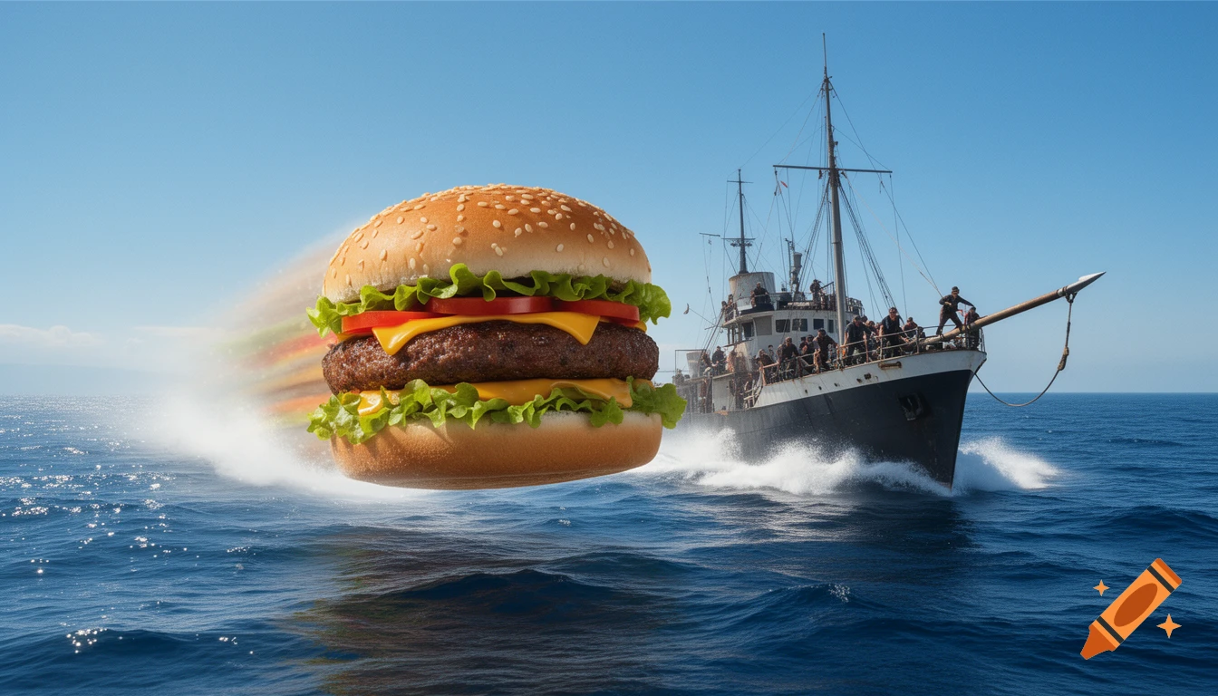 A giant cheeseburger with a wake trails across blue ocean waves as a large ship follows behind under a clear sky.