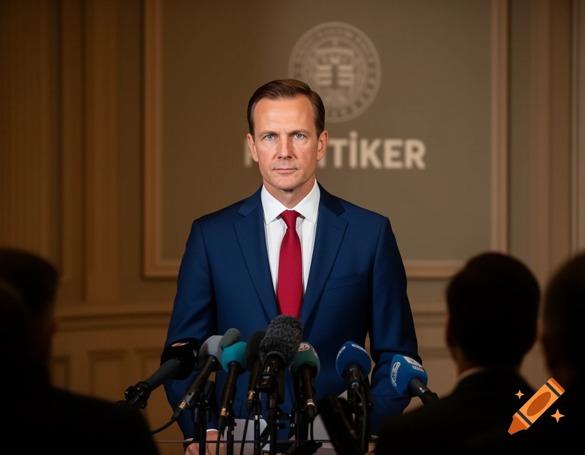 A man in a blue suit and red tie stands at a podium with microphones, speaking at a press conference. Behind him is a wall with partial text.