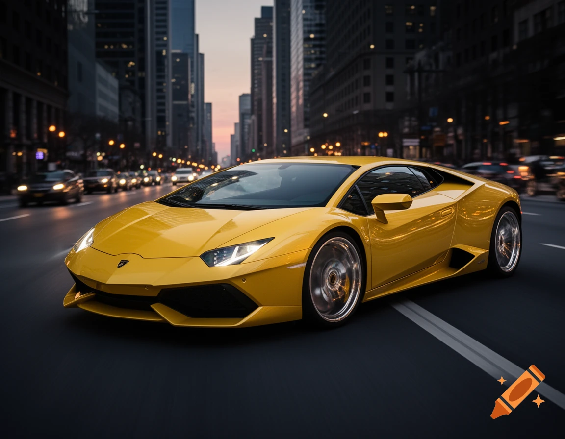 A bright yellow Lamborghini sports car drives on a city street at dusk, with buildings and blurred lights in the background.