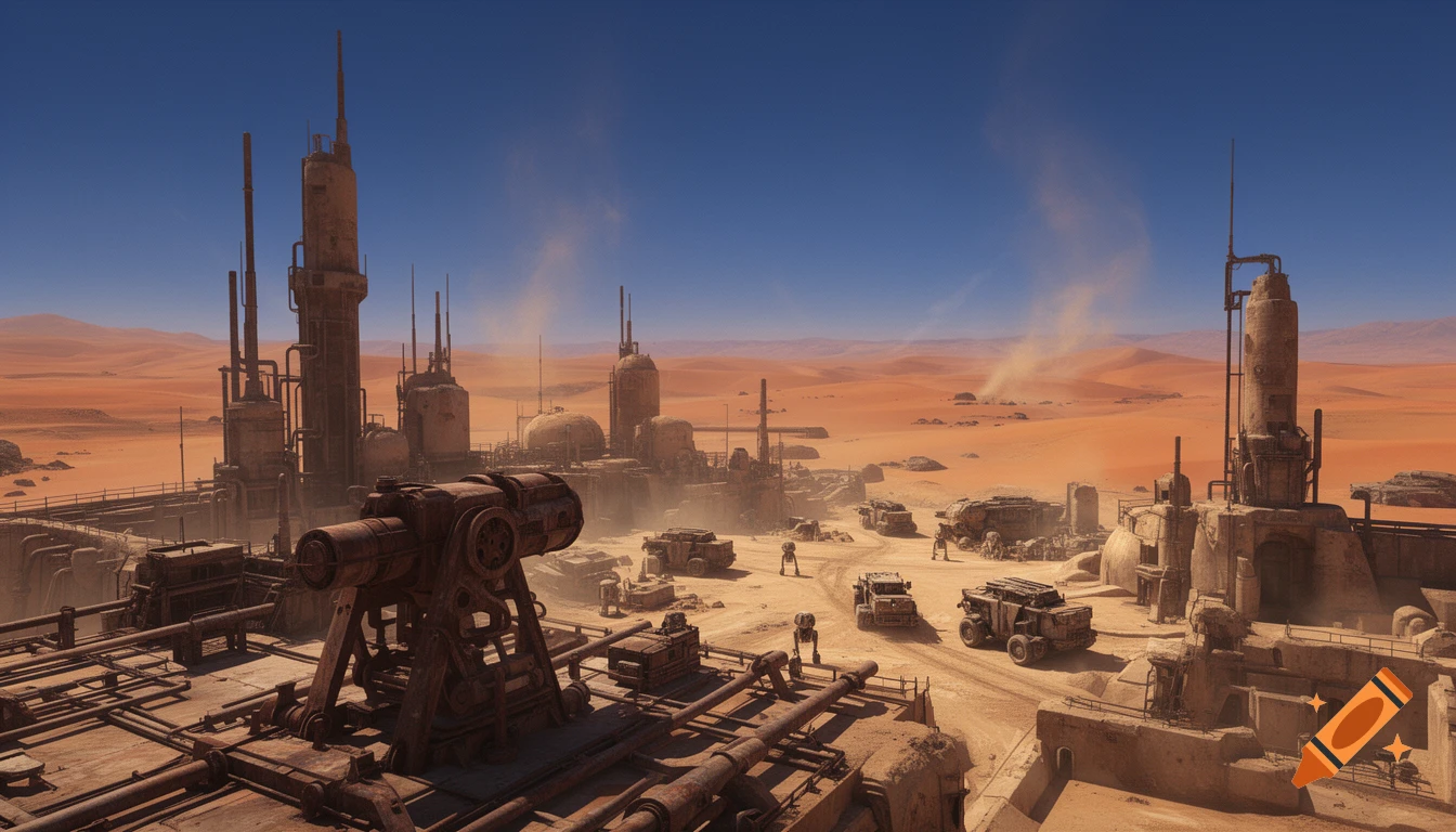 An expansive industrial complex with rusty structures, tall towers, and vehicles on a vast orange desert planet under a clear blue sky.