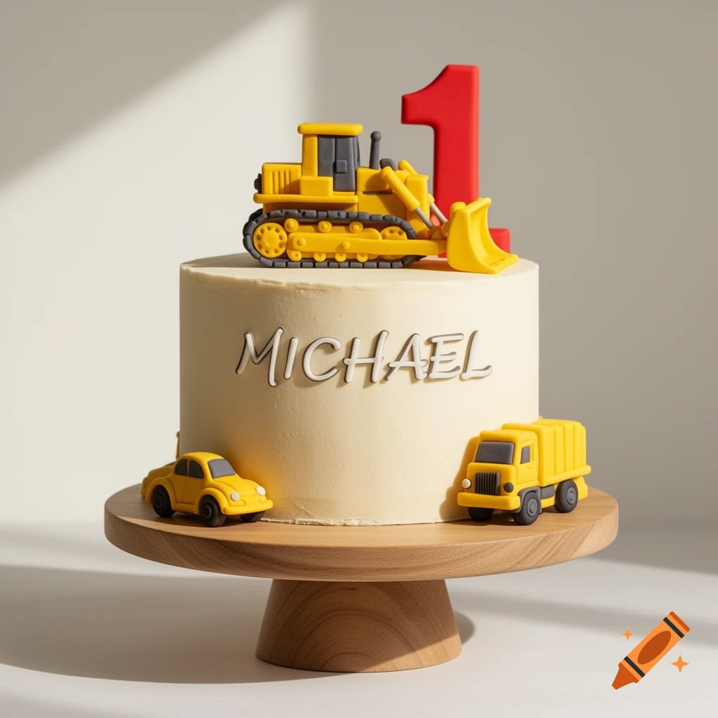 A cream-colored birthday cake on a wooden stand, decorated with yellow toy construction vehicles and the name MICHAEL, topped with a red number 1.