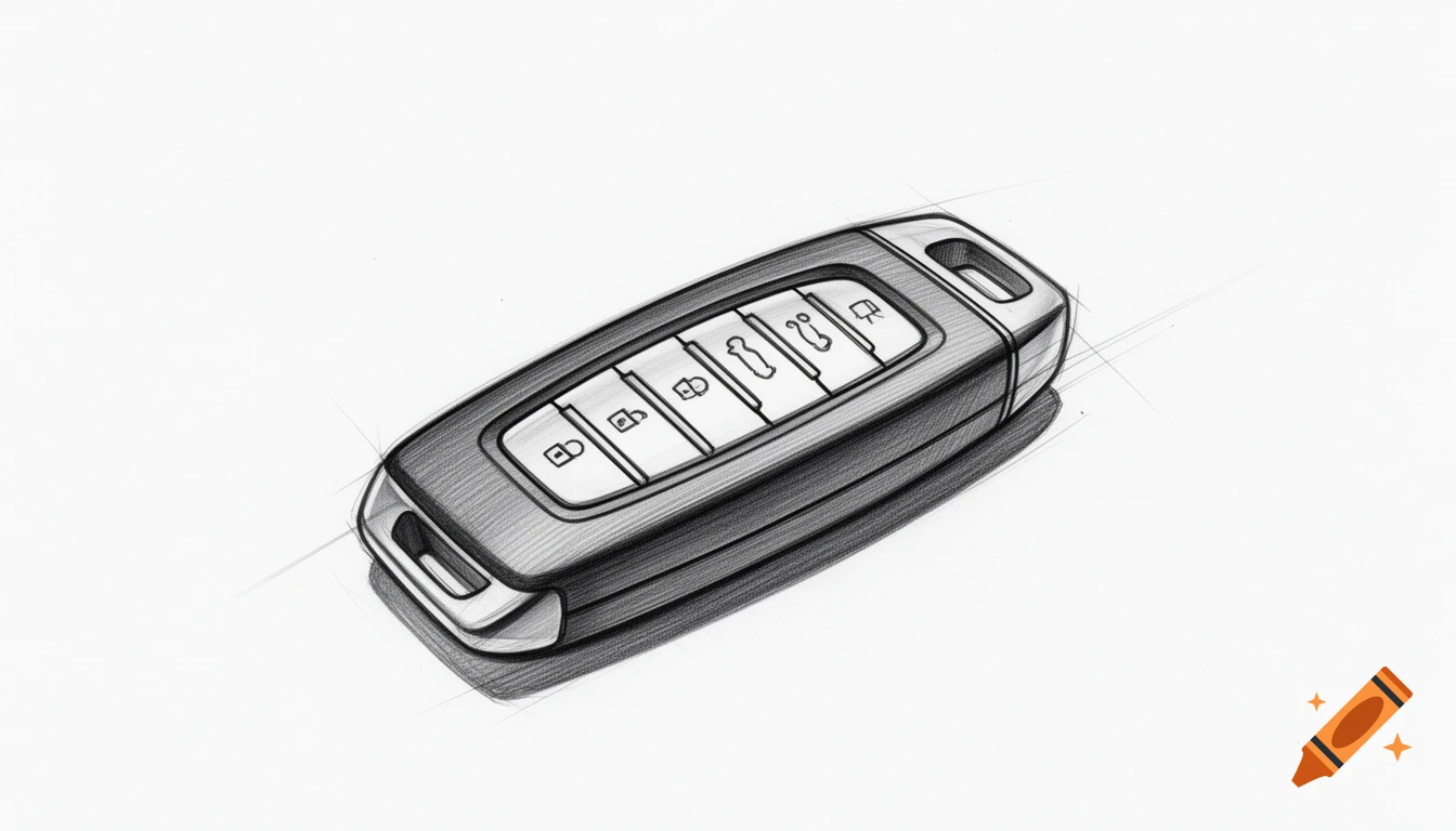 Pencil sketch of an oversized car key with five clear function buttons.