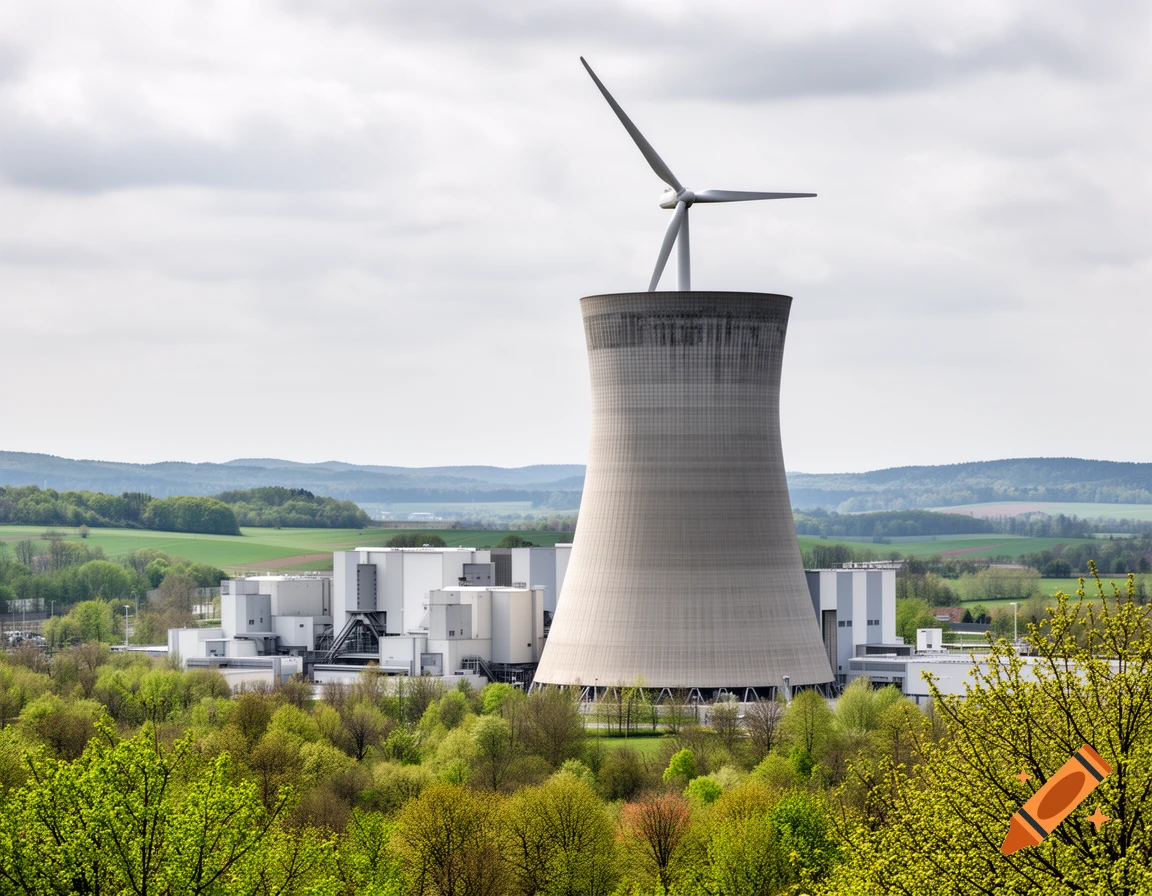 Photorealistic image of a large concrete cooling tower from a power plant with a wind turbine mounted on its top, surrounded by green trees and hills under a cloudy sky.