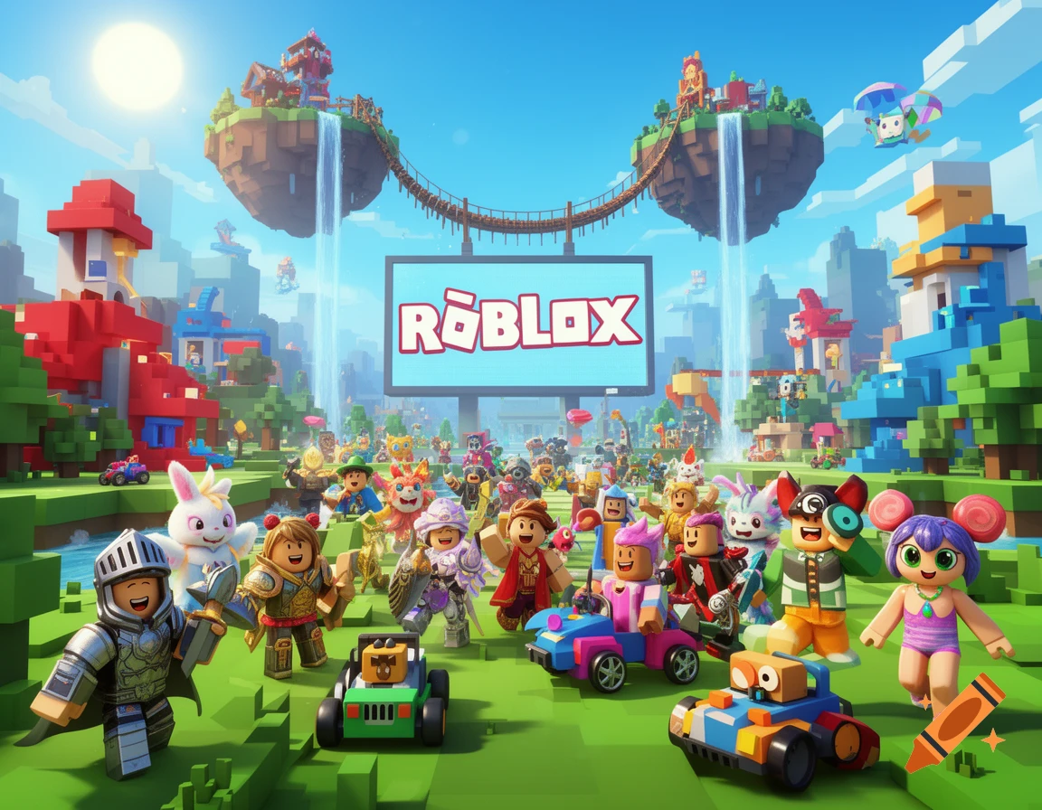 A large group of diverse Roblox characters stands in a vibrant, blocky landscape with floating islands and a screen displaying 'ROBLOX' in the background.