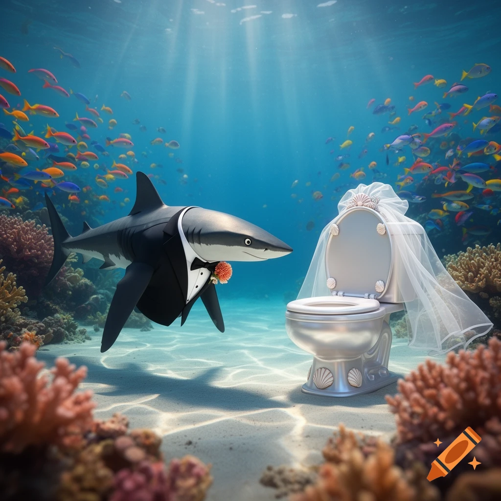 A shark in a tuxedo faces a toilet in a wedding veil on a coral reef seabed, surrounded by colorful fish.