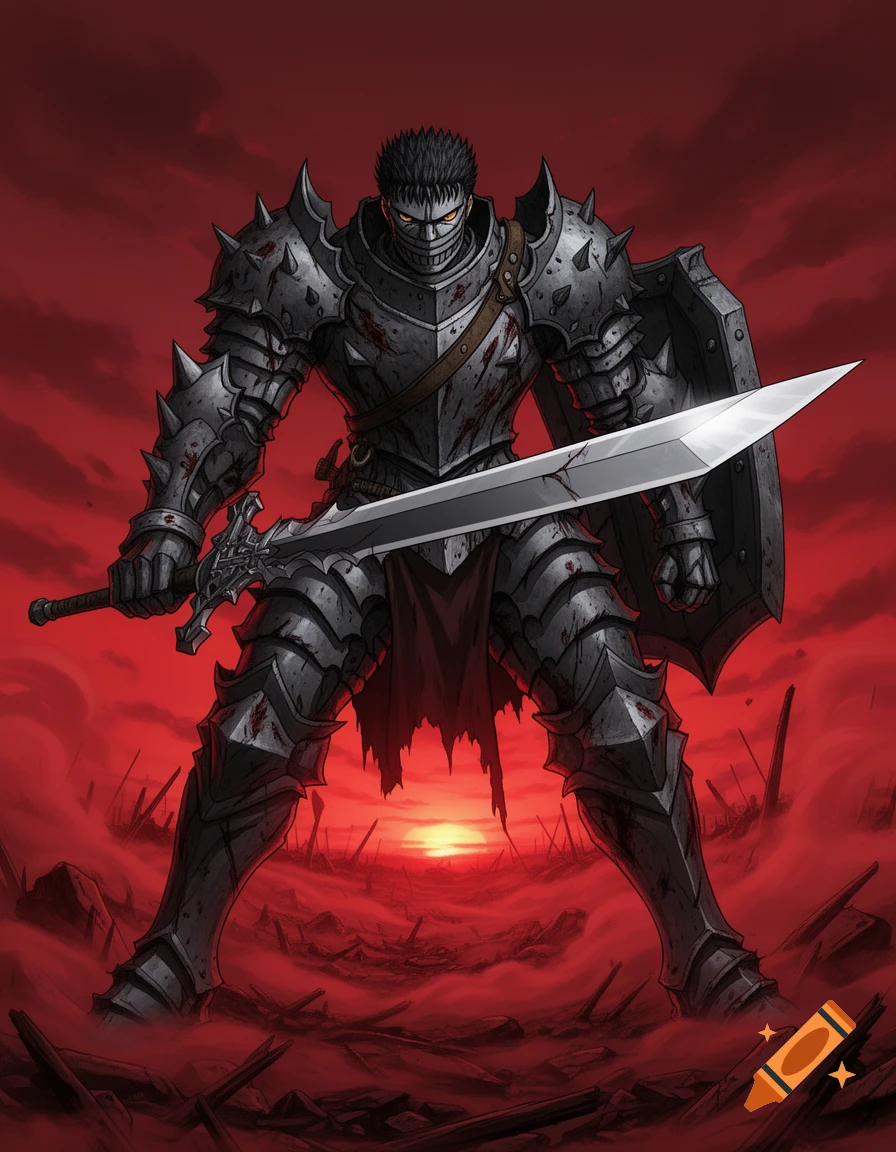 A heavily armored warrior, resembling Guts from Berserk, stands with a large sword and shield on a desolate, blood-red battlefield under a fiery red sky.