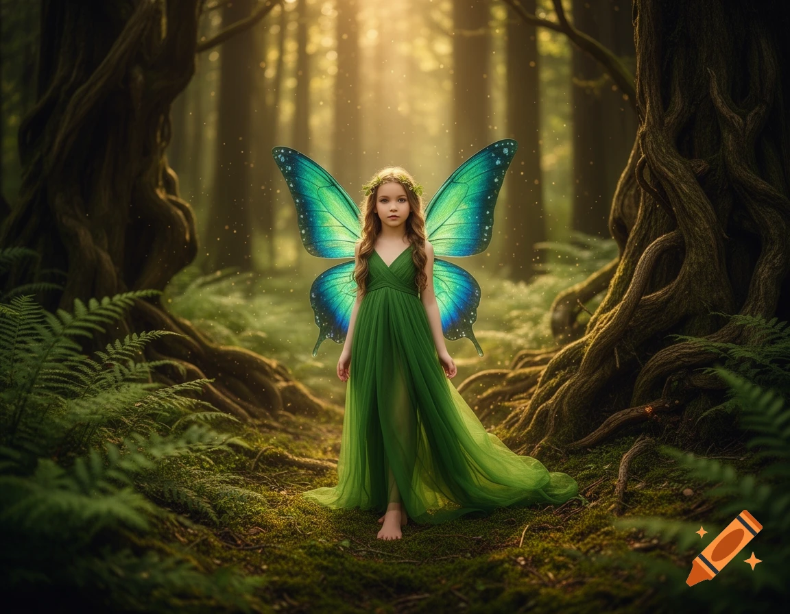 A young girl with blue-green butterfly wings and a green dress stands barefoot in a sunlit, mossy forest.