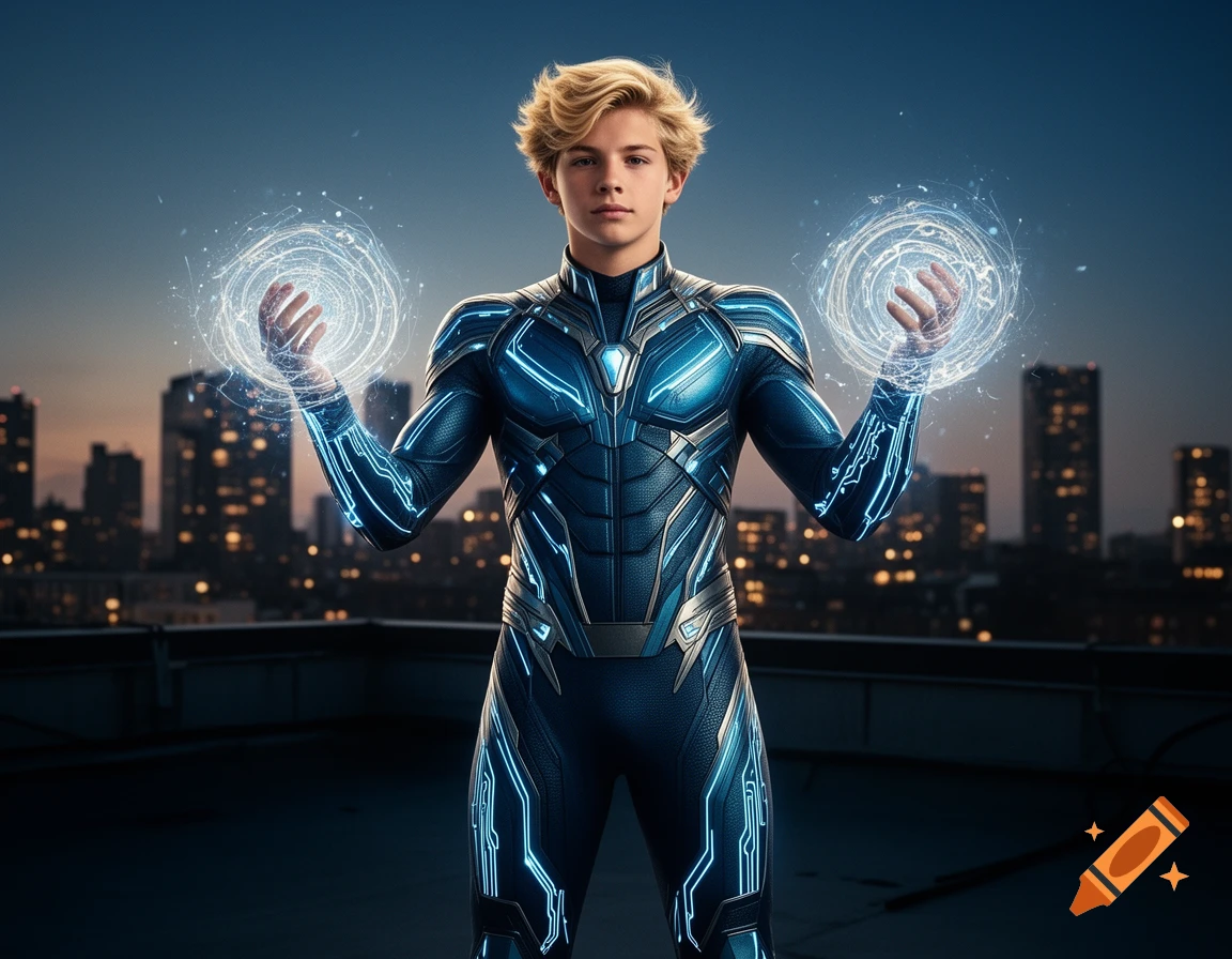 A blonde teen in a blue nanotech superhero suit conjures glowing magic over a city skyline at dusk.
