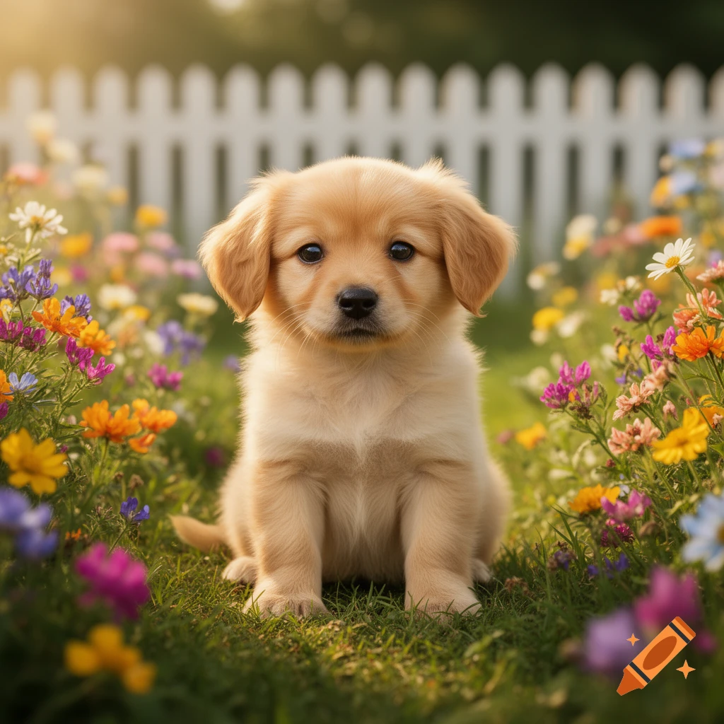 A cute golden retriever puppy sitting in a field of colorful wildflowers with a white picket fence in the background.