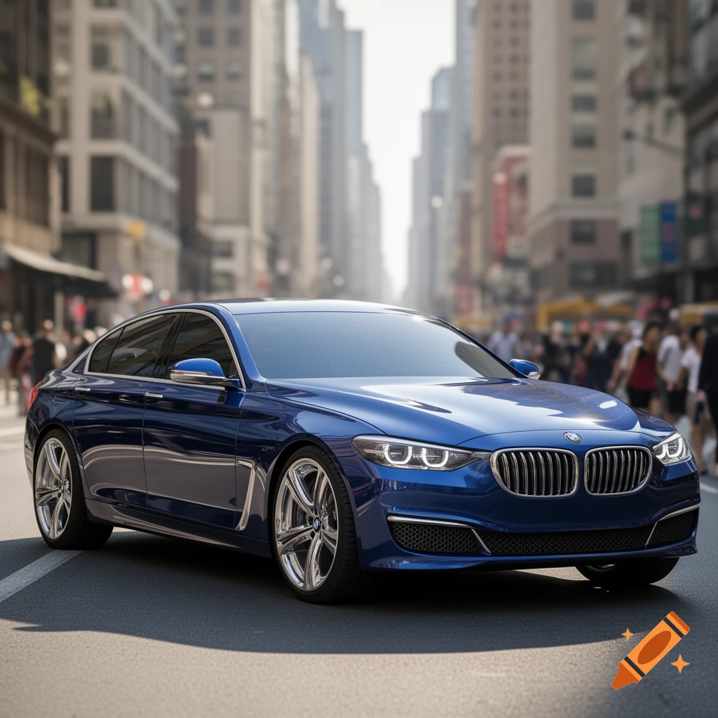 A shiny blue luxury car, resembling a BMW, parked on a city street with tall buildings and blurred pedestrians in the background.