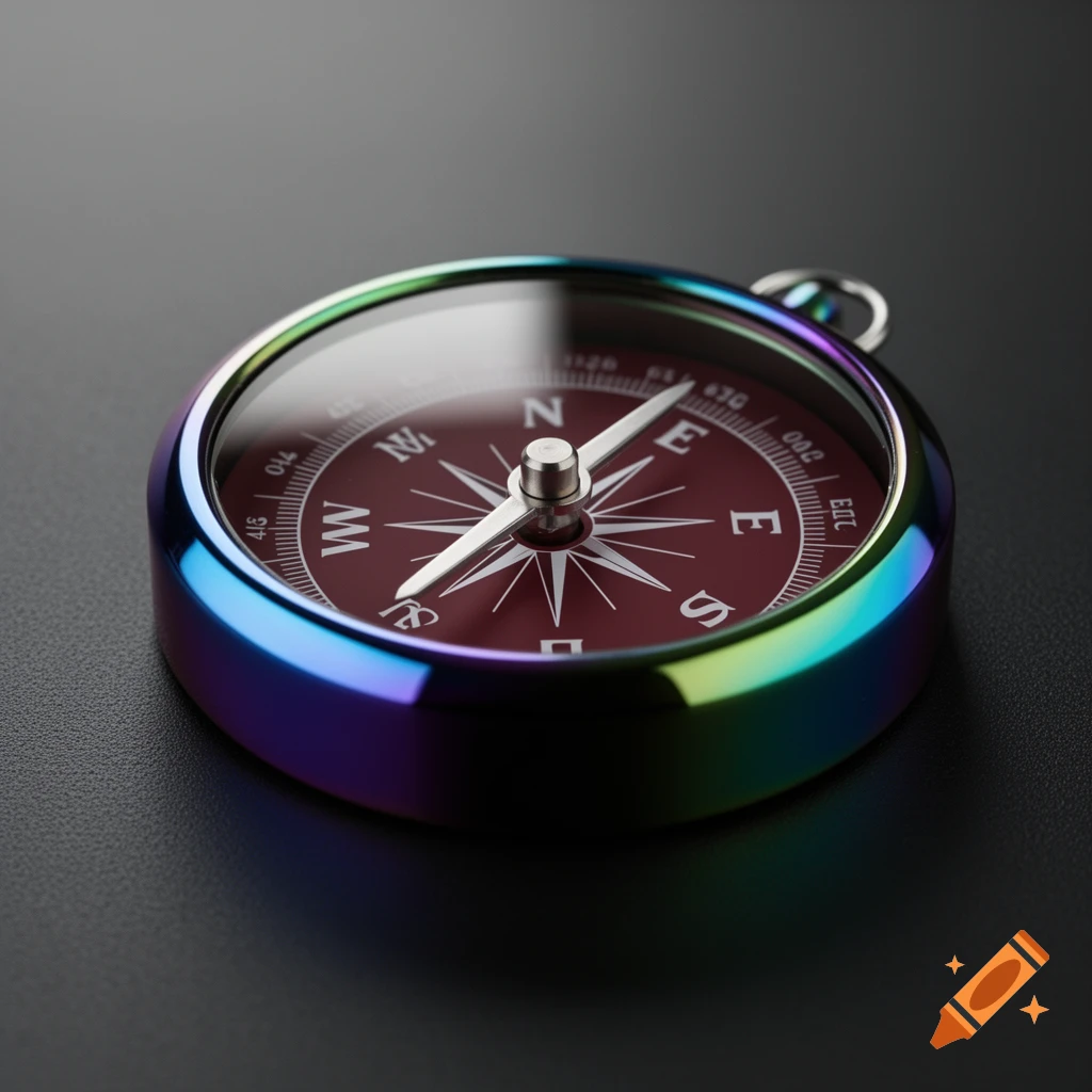 A close-up, sharp photo of a compass with a maroon face and an iridescent, rainbow-colored metallic frame, on a dark surface.