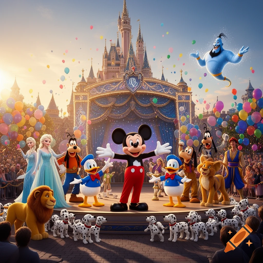 Disney characters Mickey, Elsa, Donald, Goofy, Genie, Simba, and Dalmatians celebrate in front of a castle at a theme park with balloons.