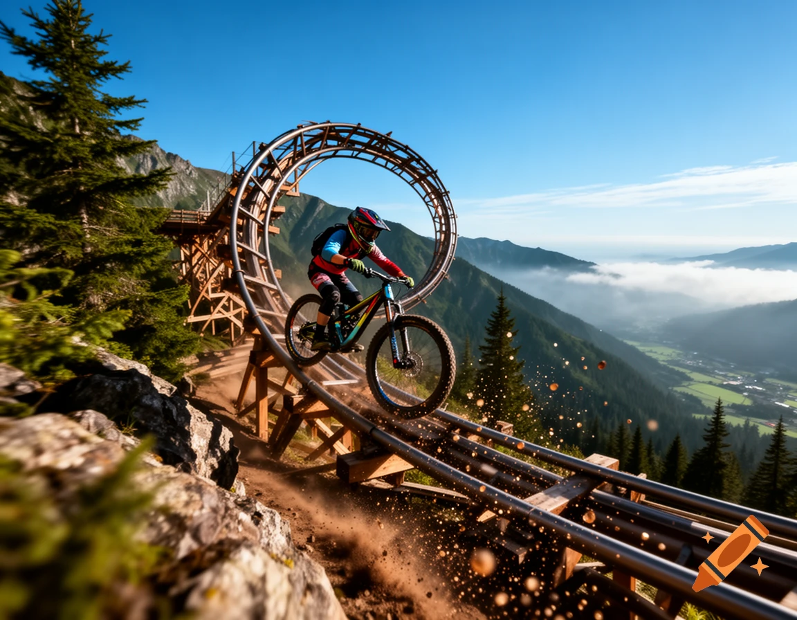 A mountain biker rides a loop-de-loop rollercoaster structure on a mountain trail, with a valley and clouds in the background.