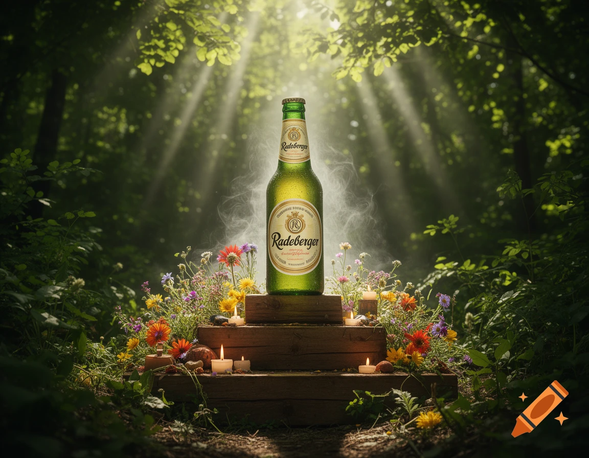 Photorealistic Radeberger beer bottle on wooden steps, surrounded by wildflowers and candles, bathed in sun rays in a mystical forest.