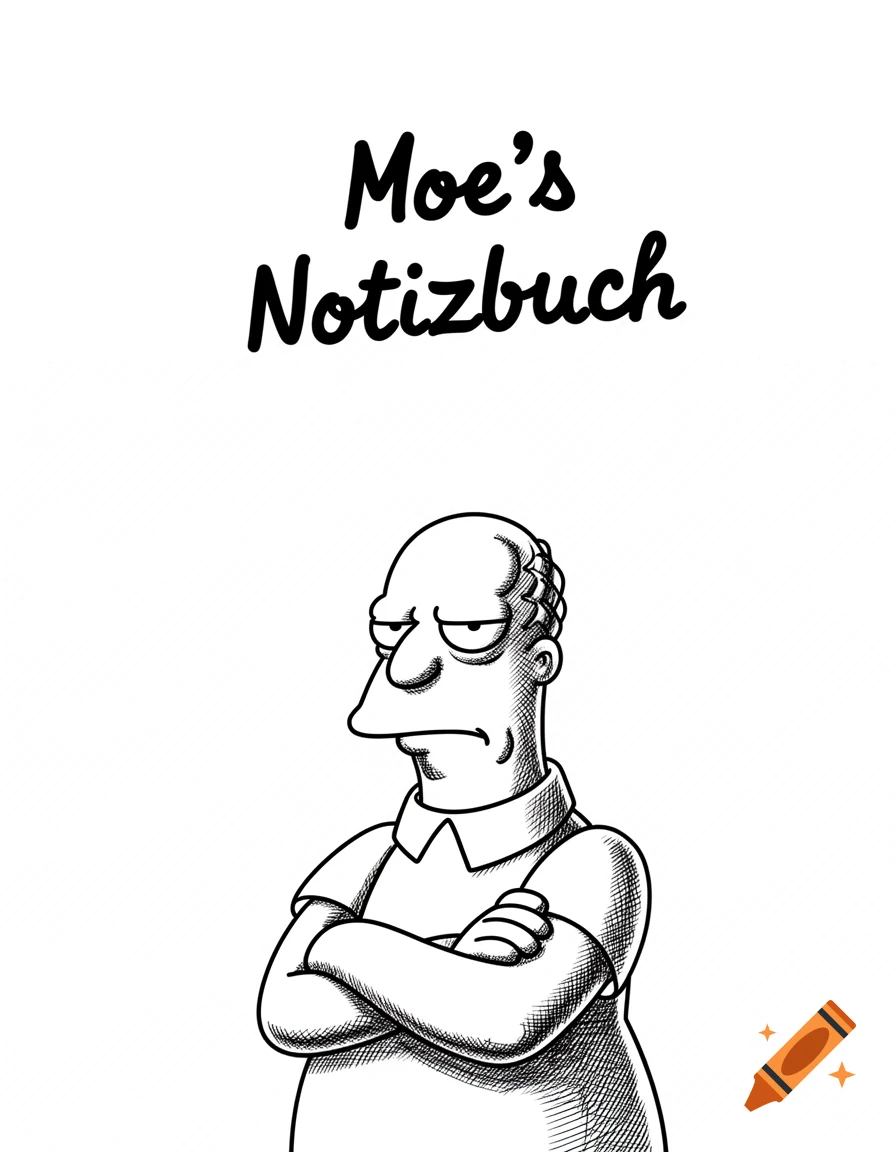 Black and white sketch of grumpy Moe Szyslak with arms crossed, with "Moe's Notizbuch" text above. Cartoon, line art.