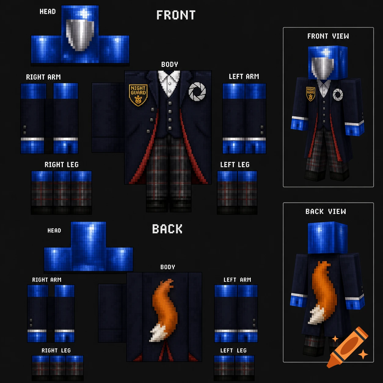 A flat, unwrapped Minecraft skin template featuring a blue-helmeted character in a dark blue coat, plaid pants, a Night Guard badge, an Aperture Science logo pin, and an orange fox tail on the back, shown with 3D front and back views.