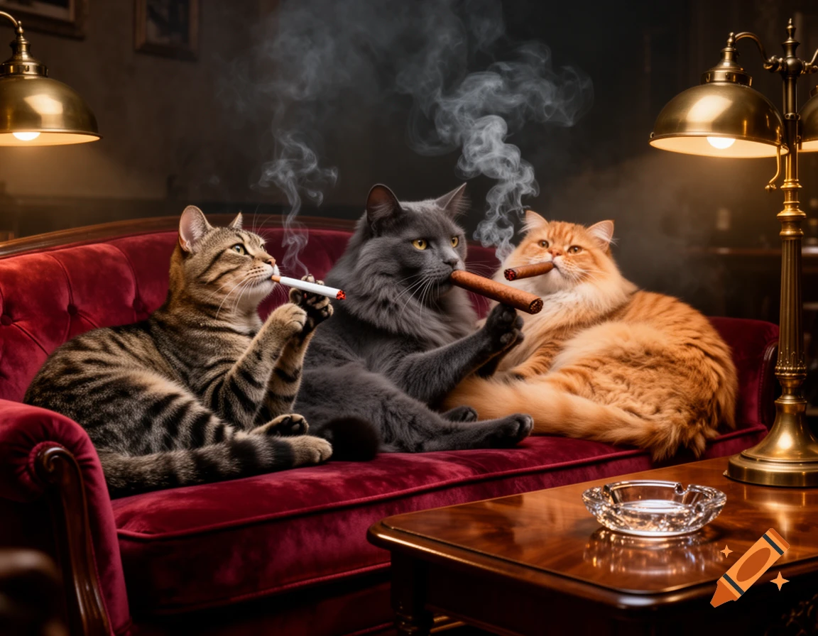 Three photorealistic cats, a tabby, a grey, and an orange one, sit on a red velvet couch, smoking cigarettes and cigars.